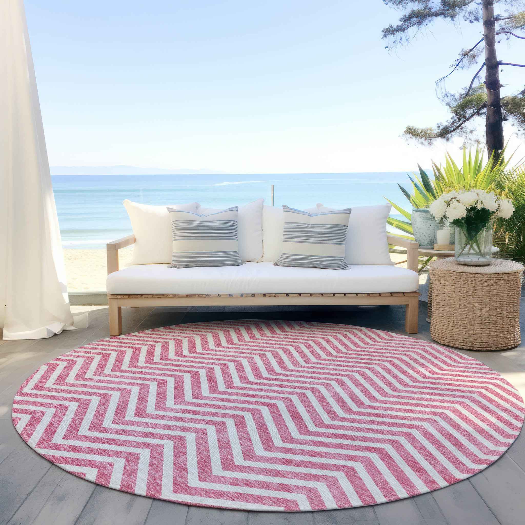 8' Pink And Ivory Round Chevron Washable Indoor Outdoor Area Rug