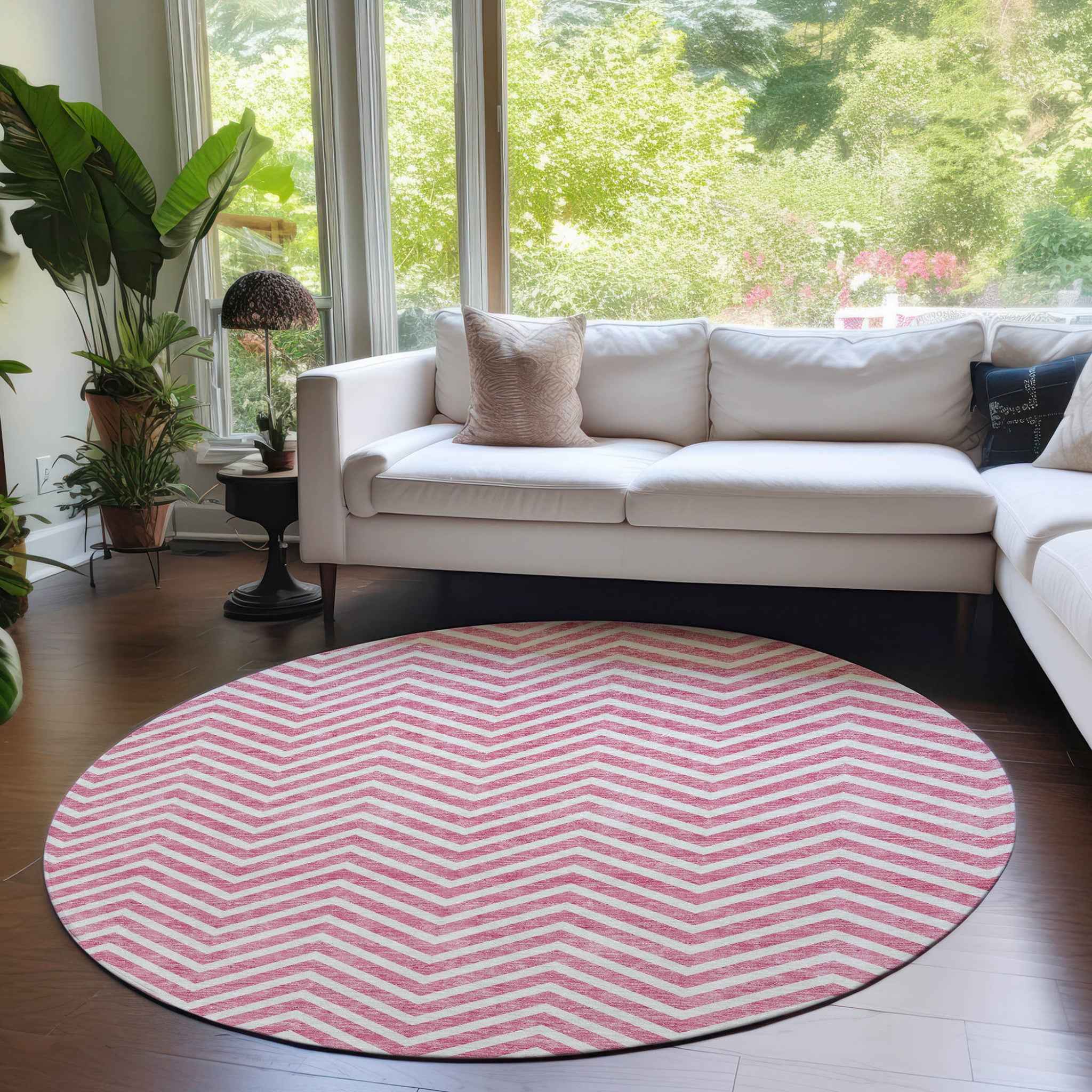 8' Pink And Ivory Round Chevron Washable Indoor Outdoor Area Rug