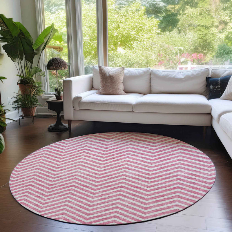 8' Pink And Ivory Round Chevron Washable Indoor Outdoor Area Rug