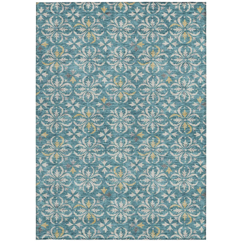 3' X 5' Teal Blue Gray And Gold Floral Washable Indoor Outdoor Area Rug