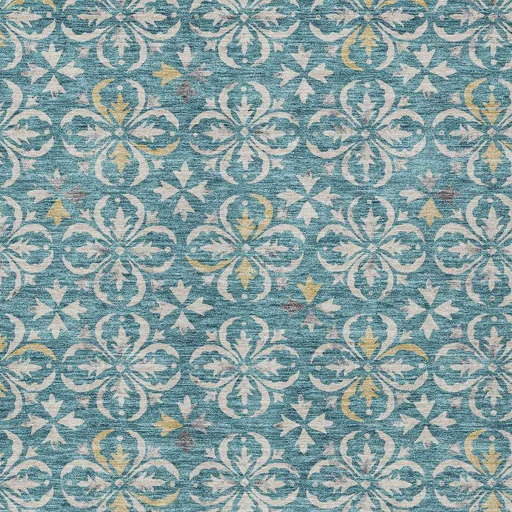 3' X 5' Teal Blue Gray And Gold Floral Washable Indoor Outdoor Area Rug
