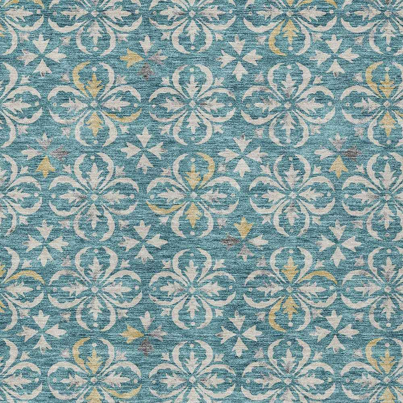 3' X 5' Teal Blue Gray And Gold Floral Washable Indoor Outdoor Area Rug