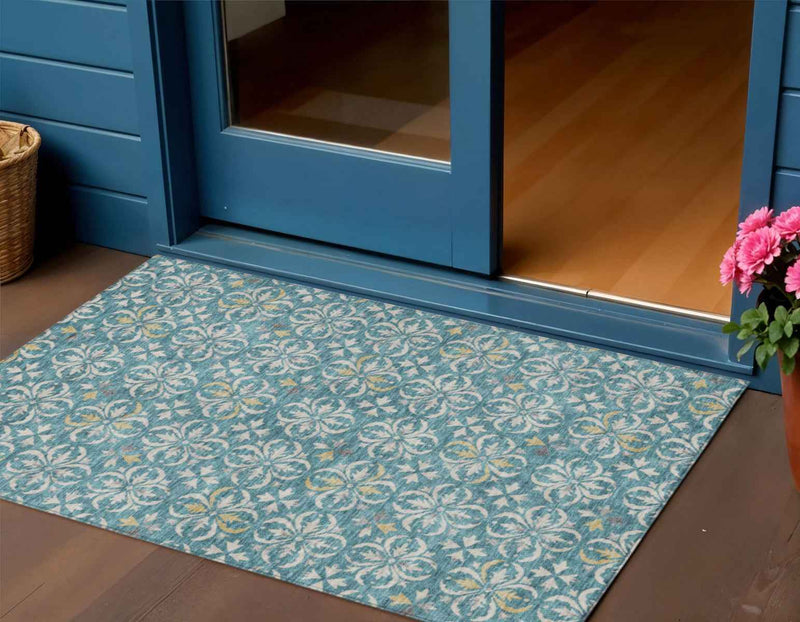 3' X 5' Teal Blue Gray And Gold Floral Washable Indoor Outdoor Area Rug