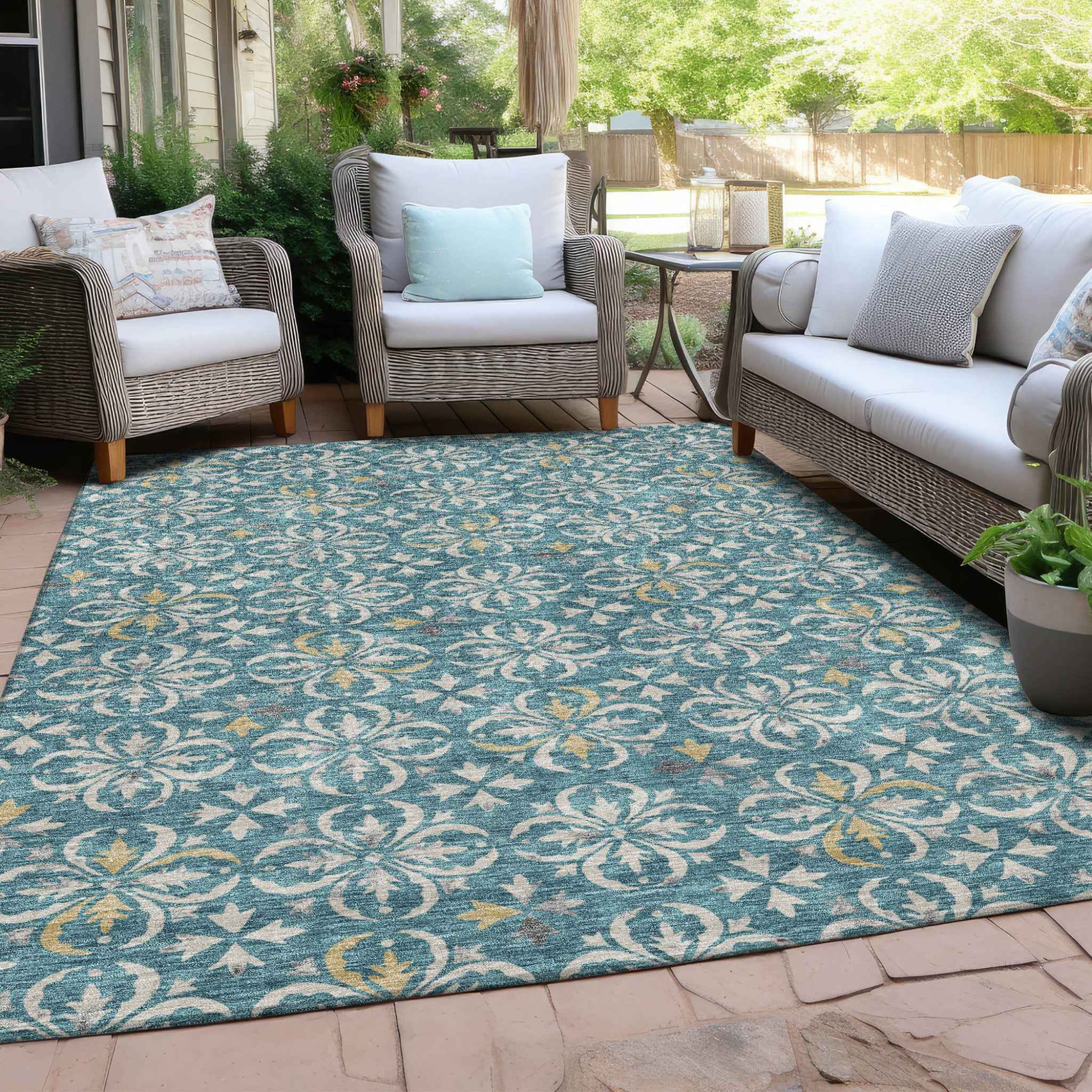3' X 5' Teal Blue Gray And Gold Floral Washable Indoor Outdoor Area Rug