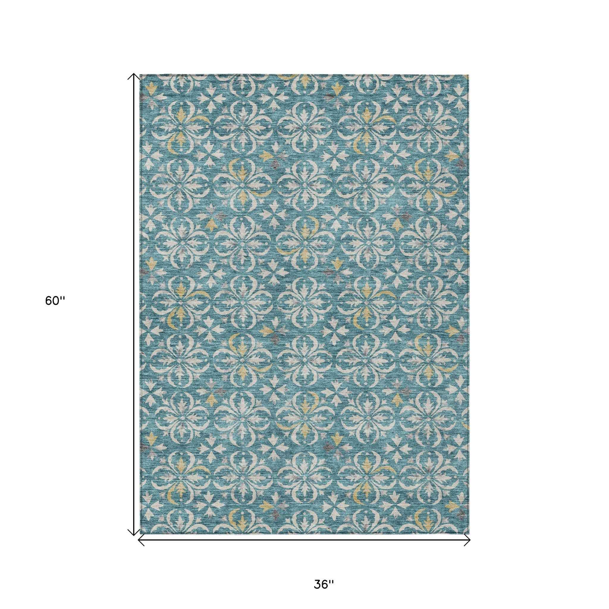 3' X 5' Teal Blue Gray And Gold Floral Washable Indoor Outdoor Area Rug