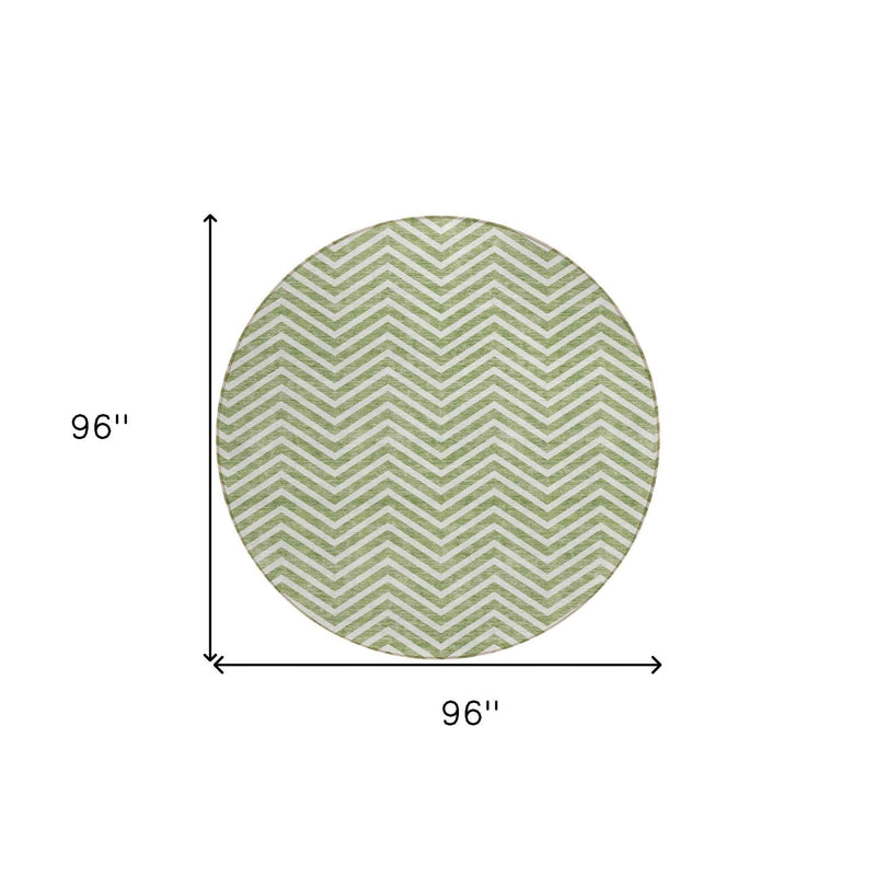 8' Green And Ivory Round Chevron Washable Indoor Outdoor Area Rug