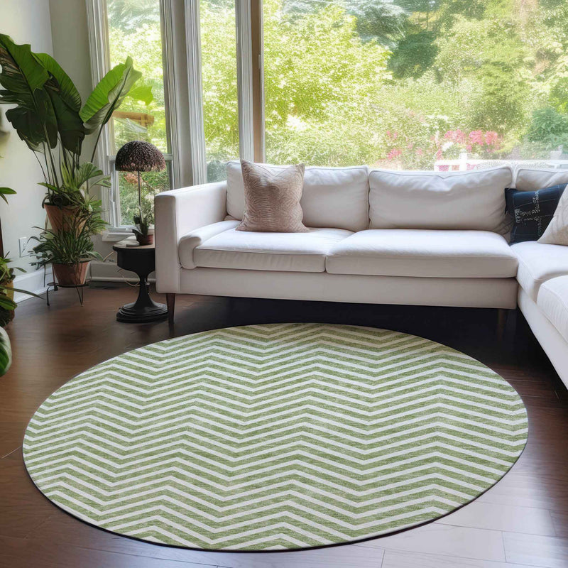 8' Green And Ivory Round Chevron Washable Indoor Outdoor Area Rug