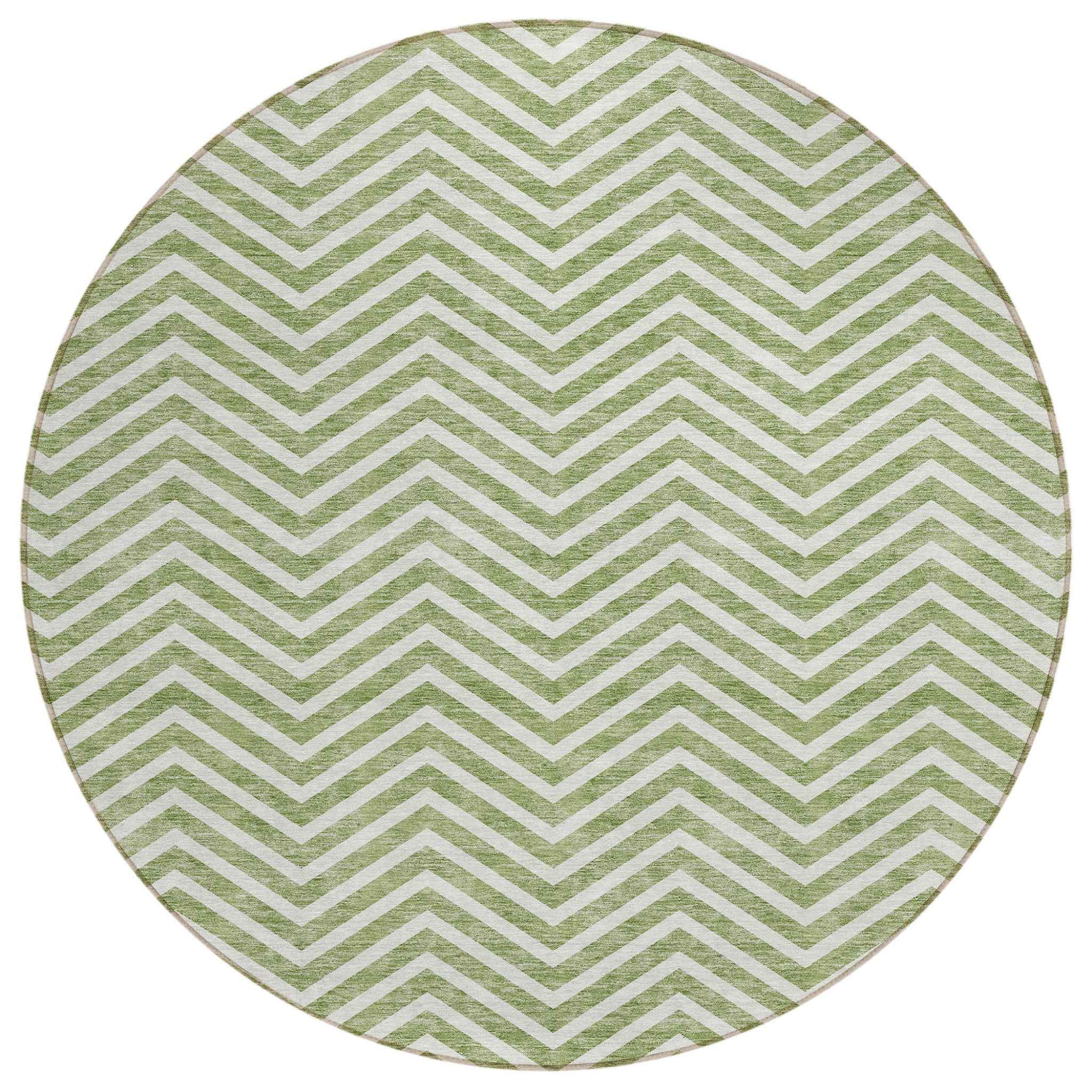 8' Green And Ivory Round Chevron Washable Indoor Outdoor Area Rug
