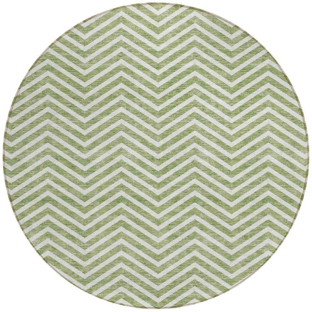 8' Green And Ivory Round Chevron Washable Indoor Outdoor Area Rug