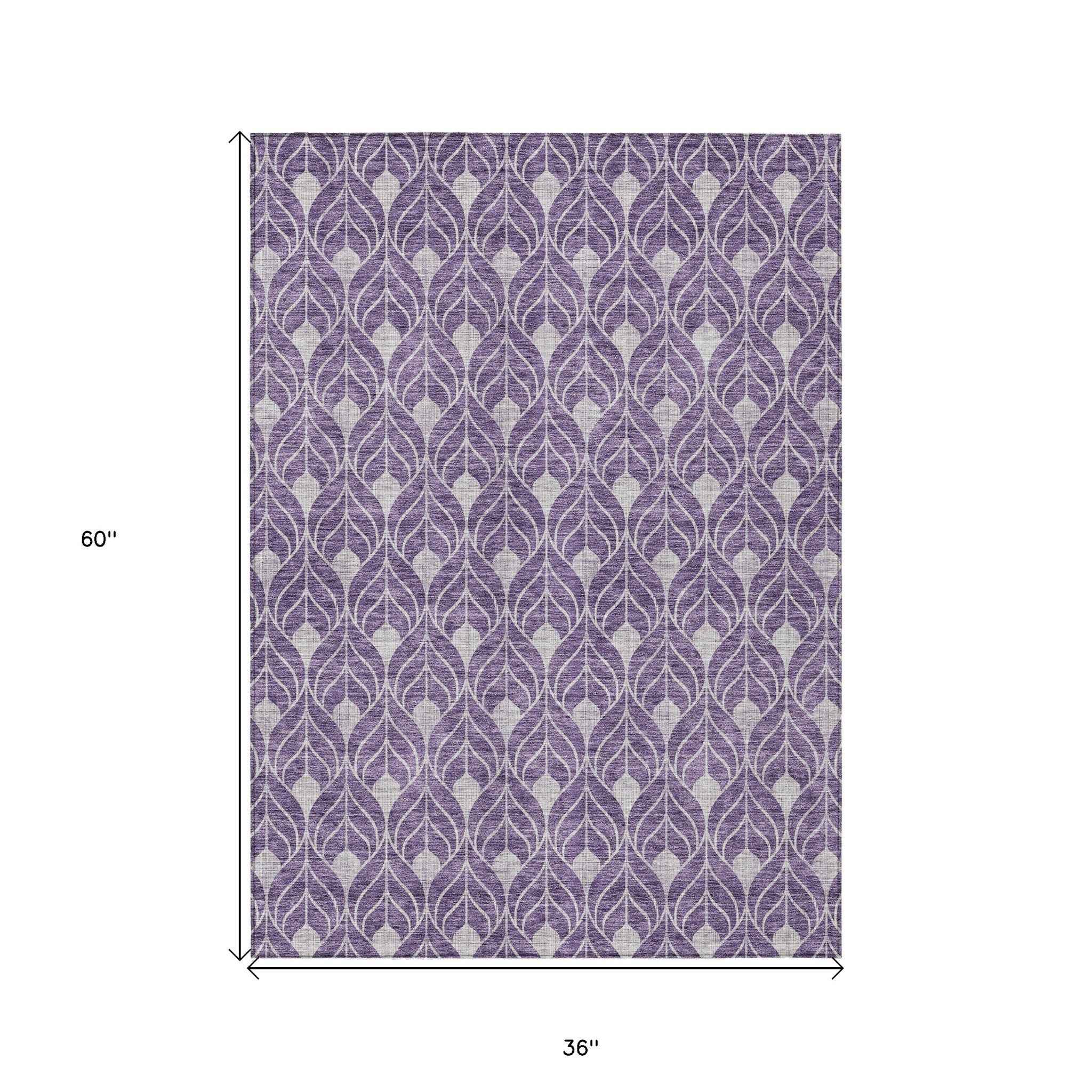 3' X 5' Purple And Ivory Geometric Washable Indoor Outdoor Area Rug