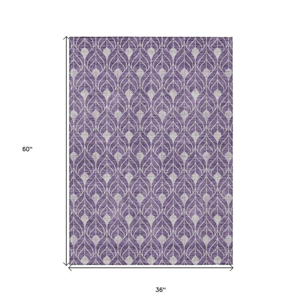 3' X 5' Purple And Ivory Geometric Washable Indoor Outdoor Area Rug