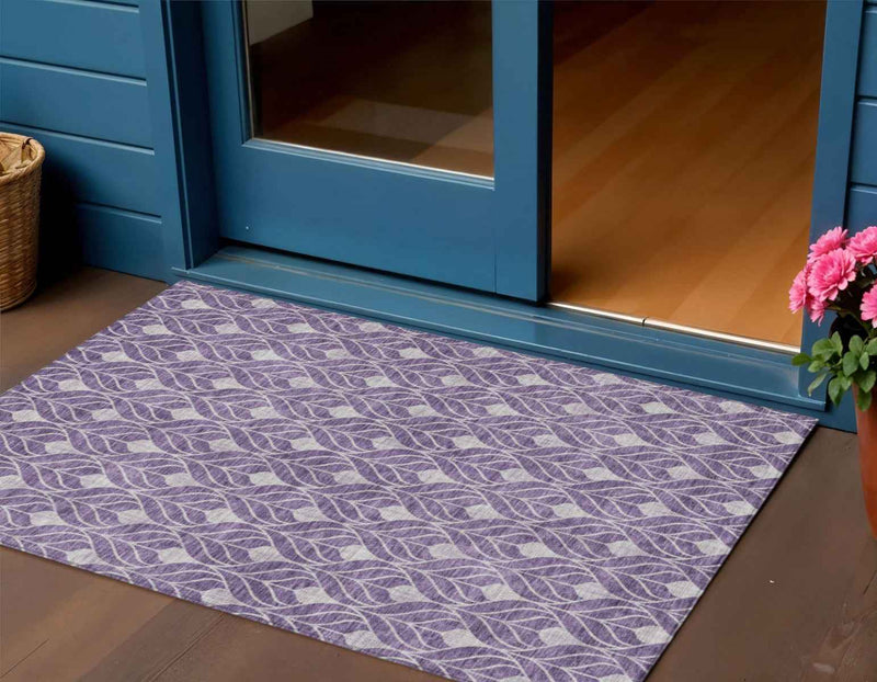 3' X 5' Purple And Ivory Geometric Washable Indoor Outdoor Area Rug