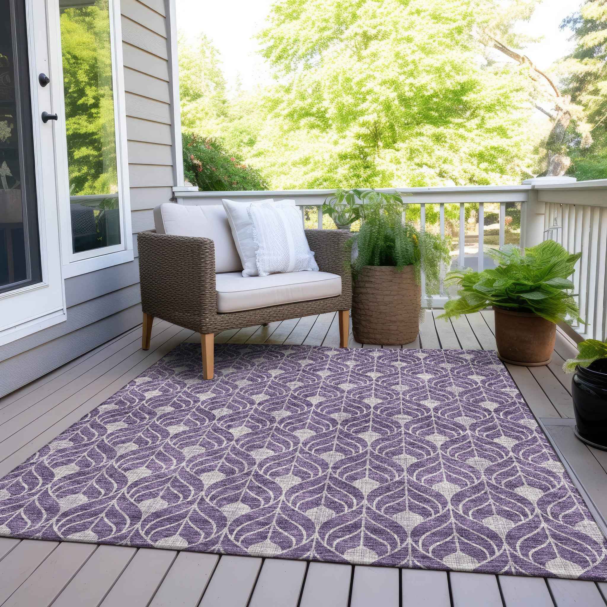 3' X 5' Purple And Ivory Geometric Washable Indoor Outdoor Area Rug