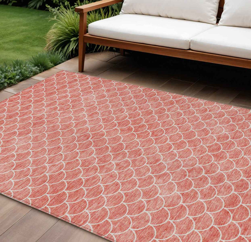 10' X 14' Salmon And Ivory Geometric Washable Indoor Outdoor Area Rug