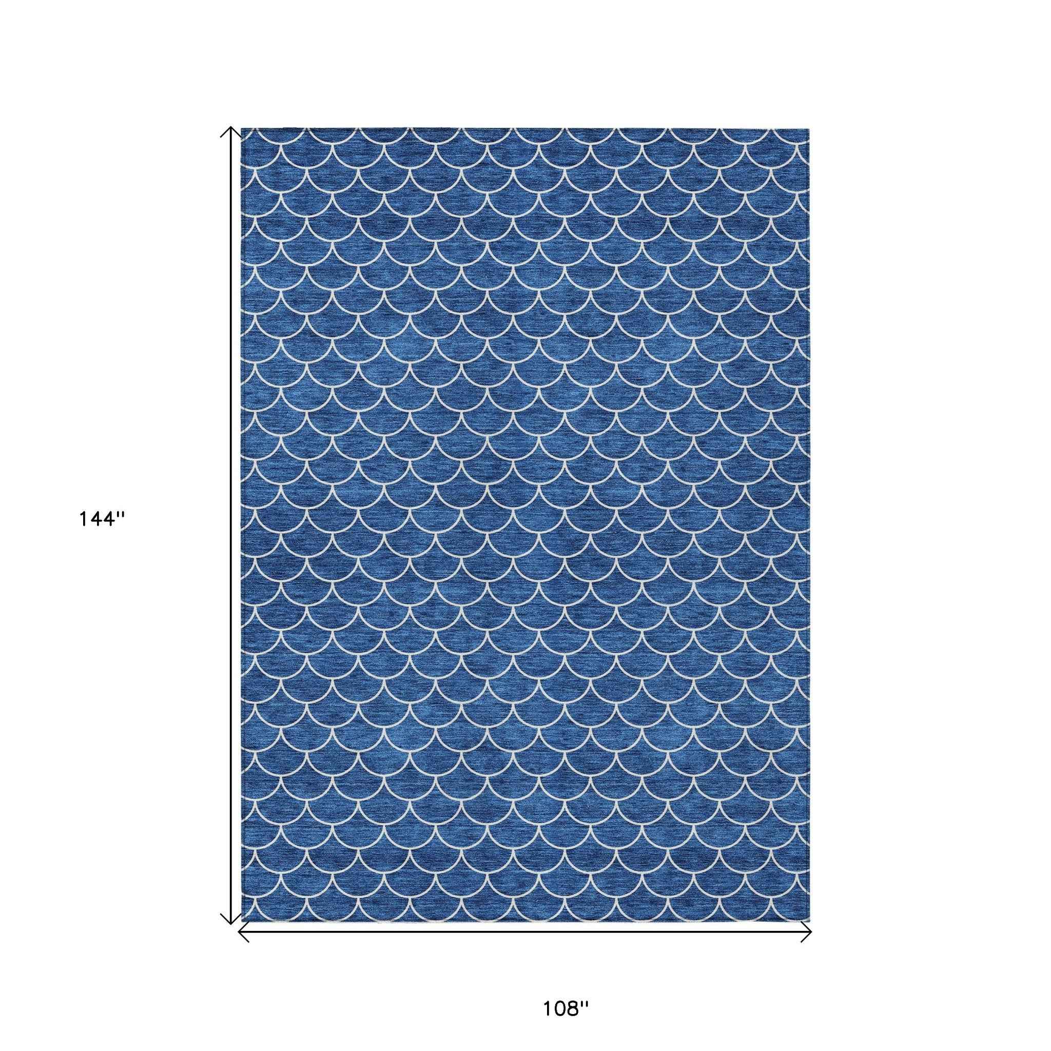 9' X 12' Blue And Ivory Geometric Washable Indoor Outdoor Area Rug
