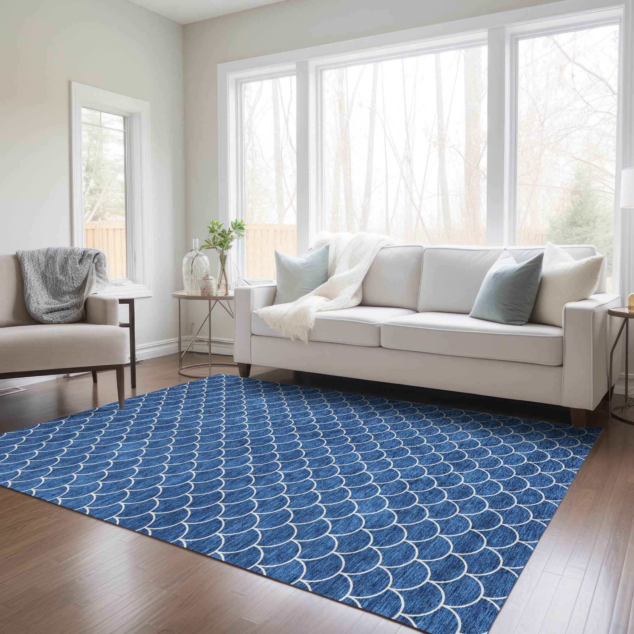 9' X 12' Blue And Ivory Geometric Washable Indoor Outdoor Area Rug