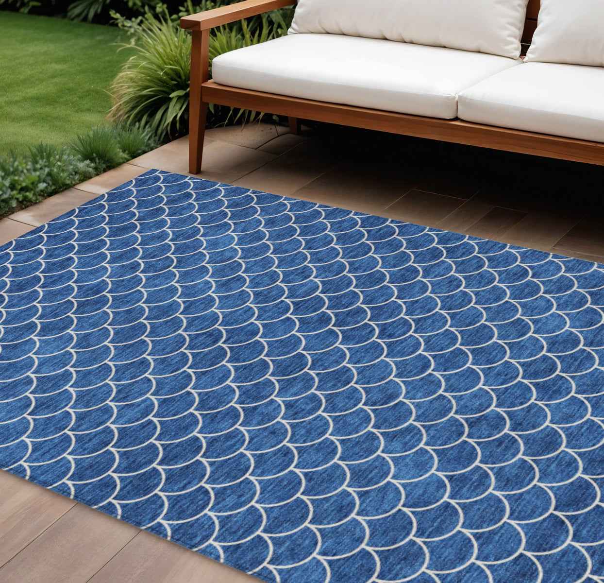 9' X 12' Blue And Ivory Geometric Washable Indoor Outdoor Area Rug