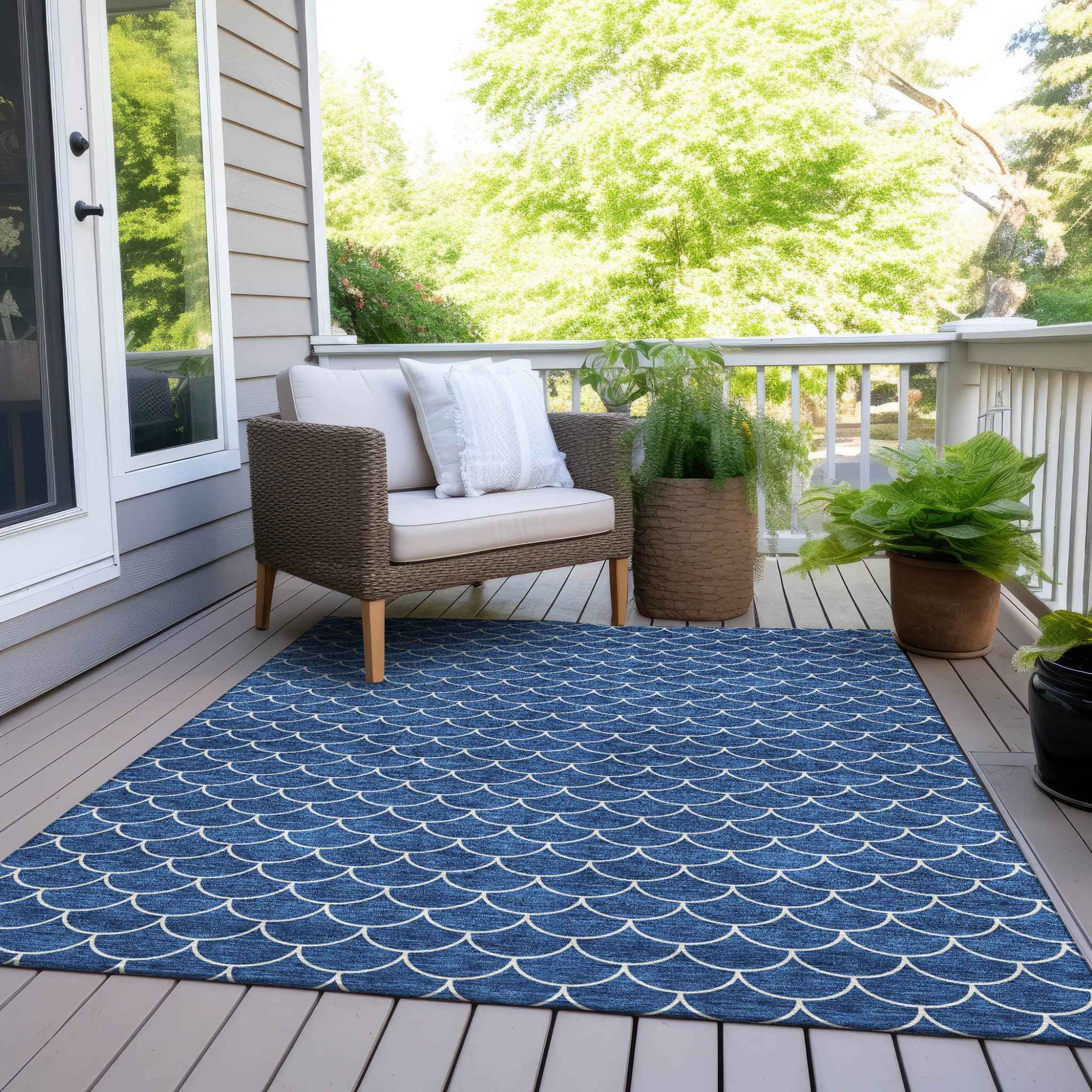 9' X 12' Blue And Ivory Geometric Washable Indoor Outdoor Area Rug