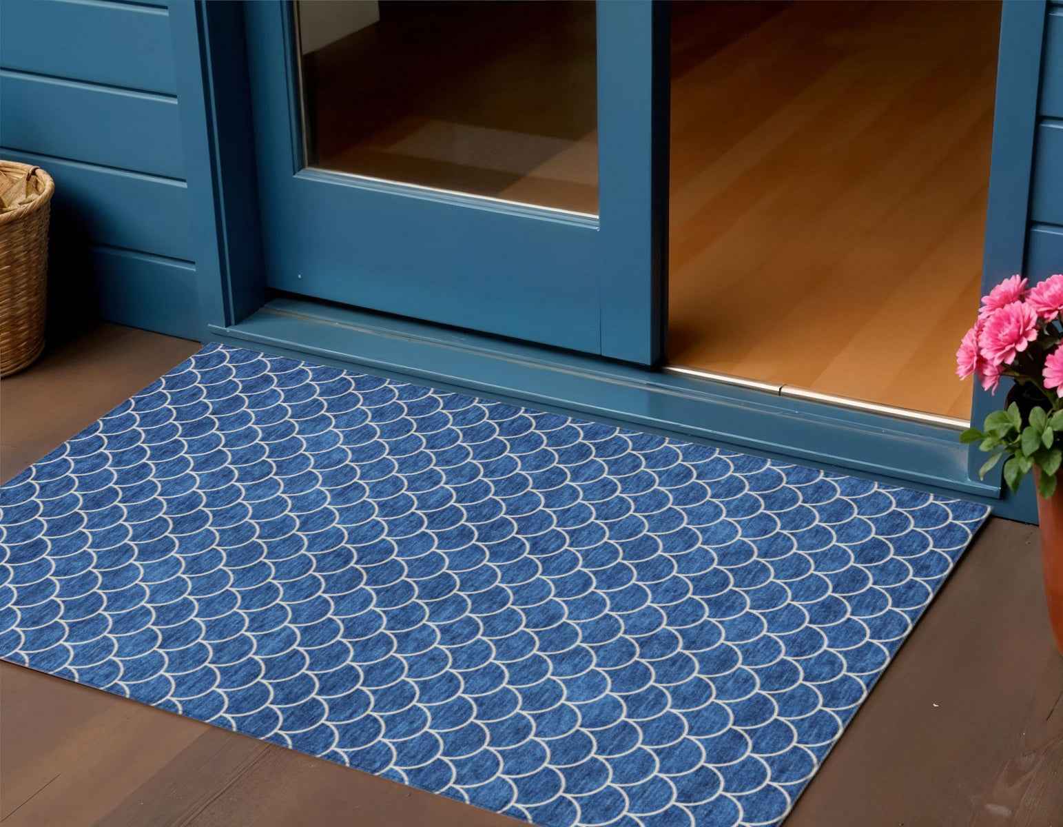 3' X 5' Blue And Ivory Geometric Washable Indoor Outdoor Area Rug