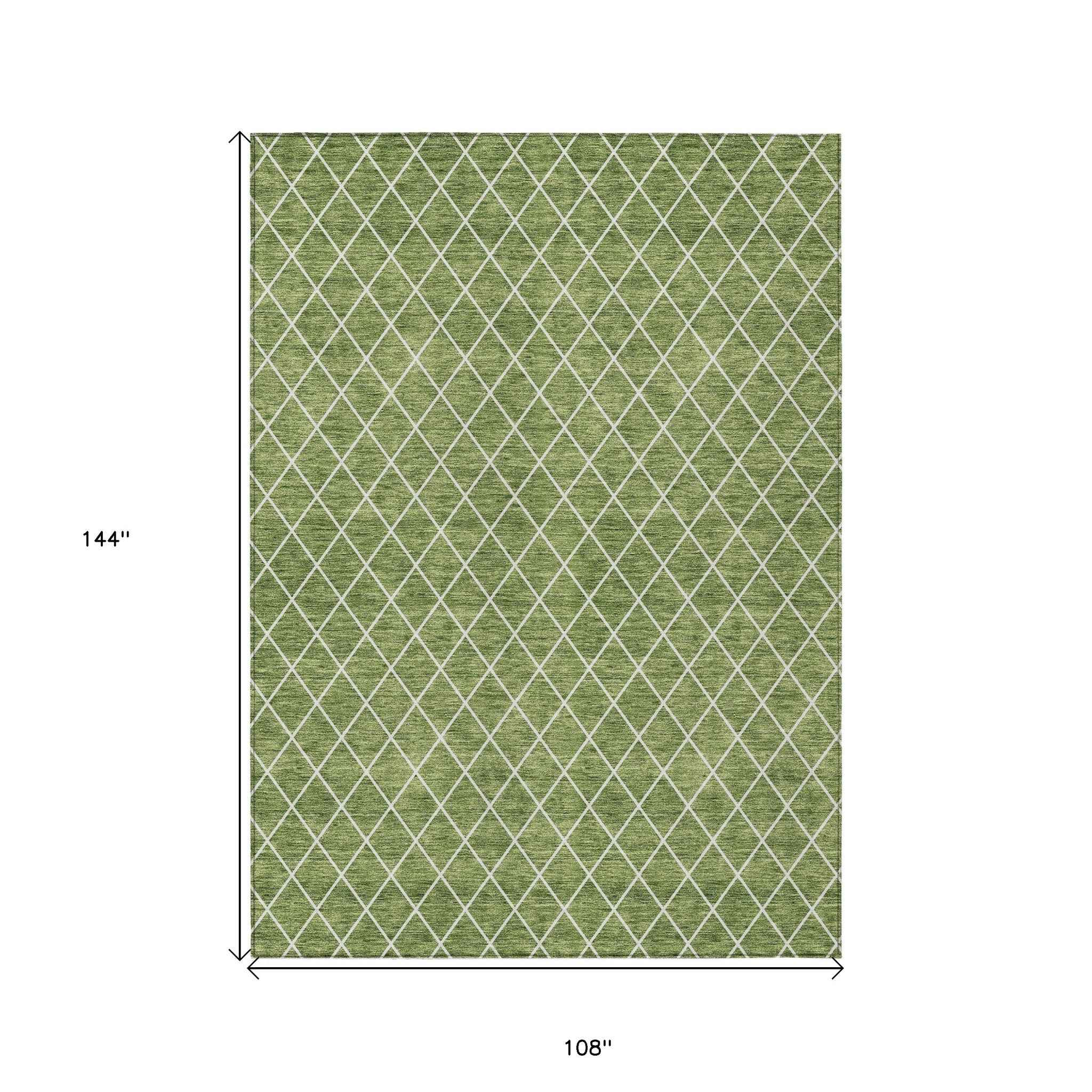 9' X 12' Green And Ivory Geometric Washable Indoor Outdoor Area Rug