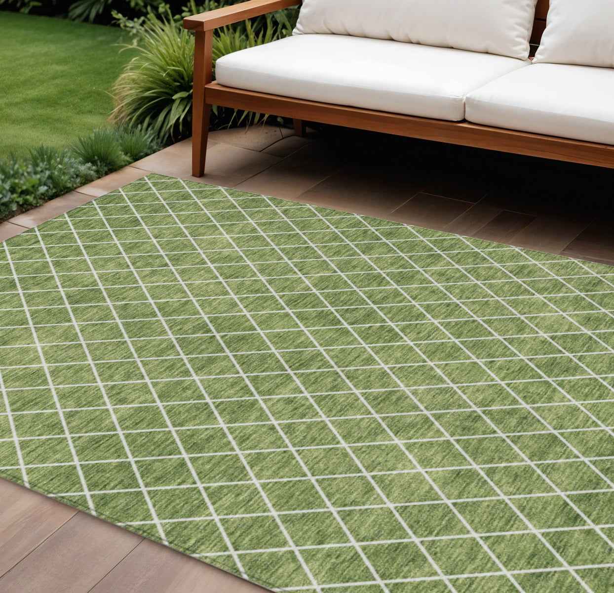 9' X 12' Green And Ivory Geometric Washable Indoor Outdoor Area Rug