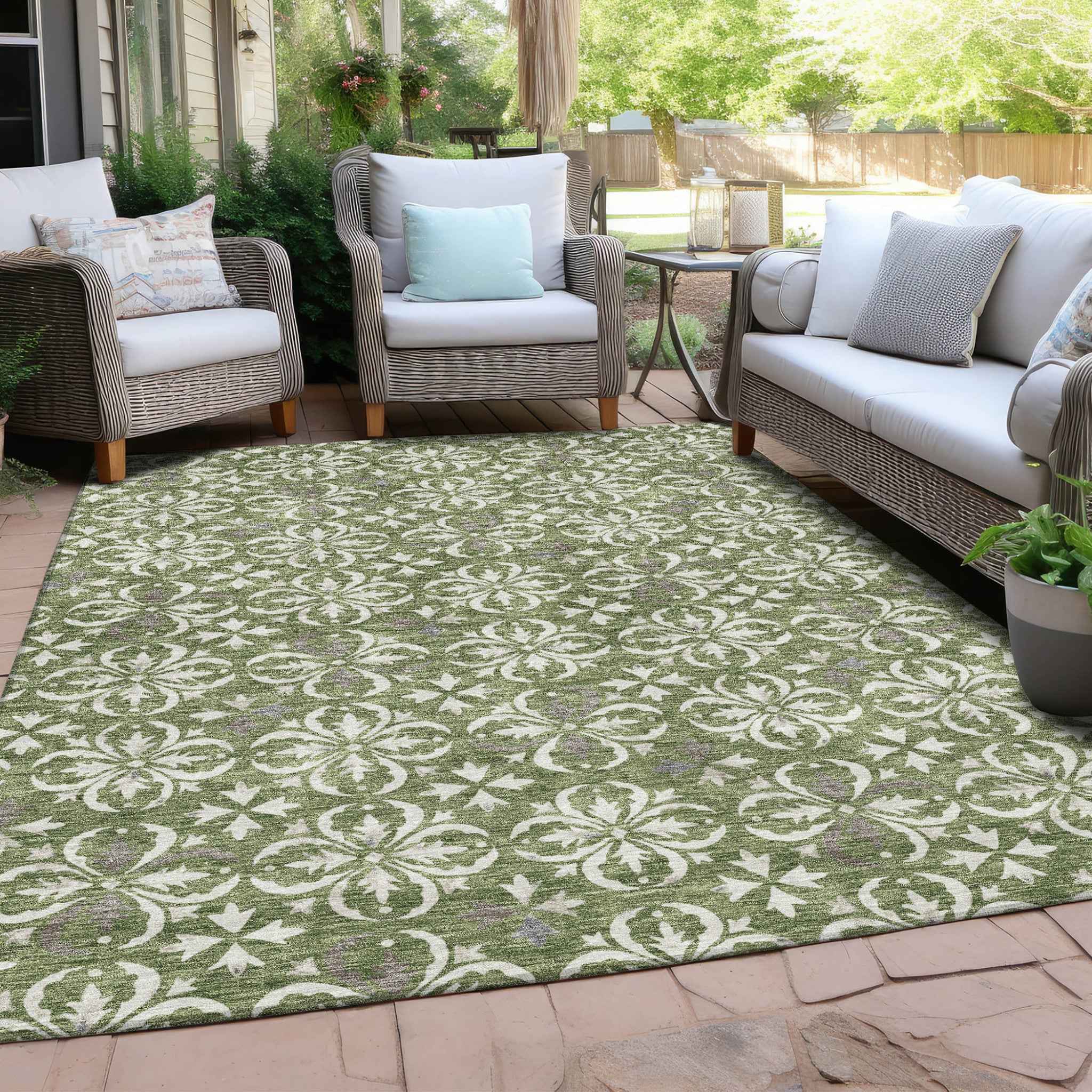 9' X 12' Green Gray And Ivory Floral Washable Indoor Outdoor Area Rug