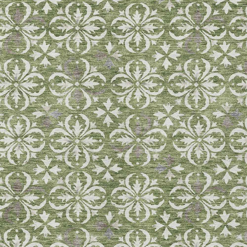 9' X 12' Green Gray And Ivory Floral Washable Indoor Outdoor Area Rug