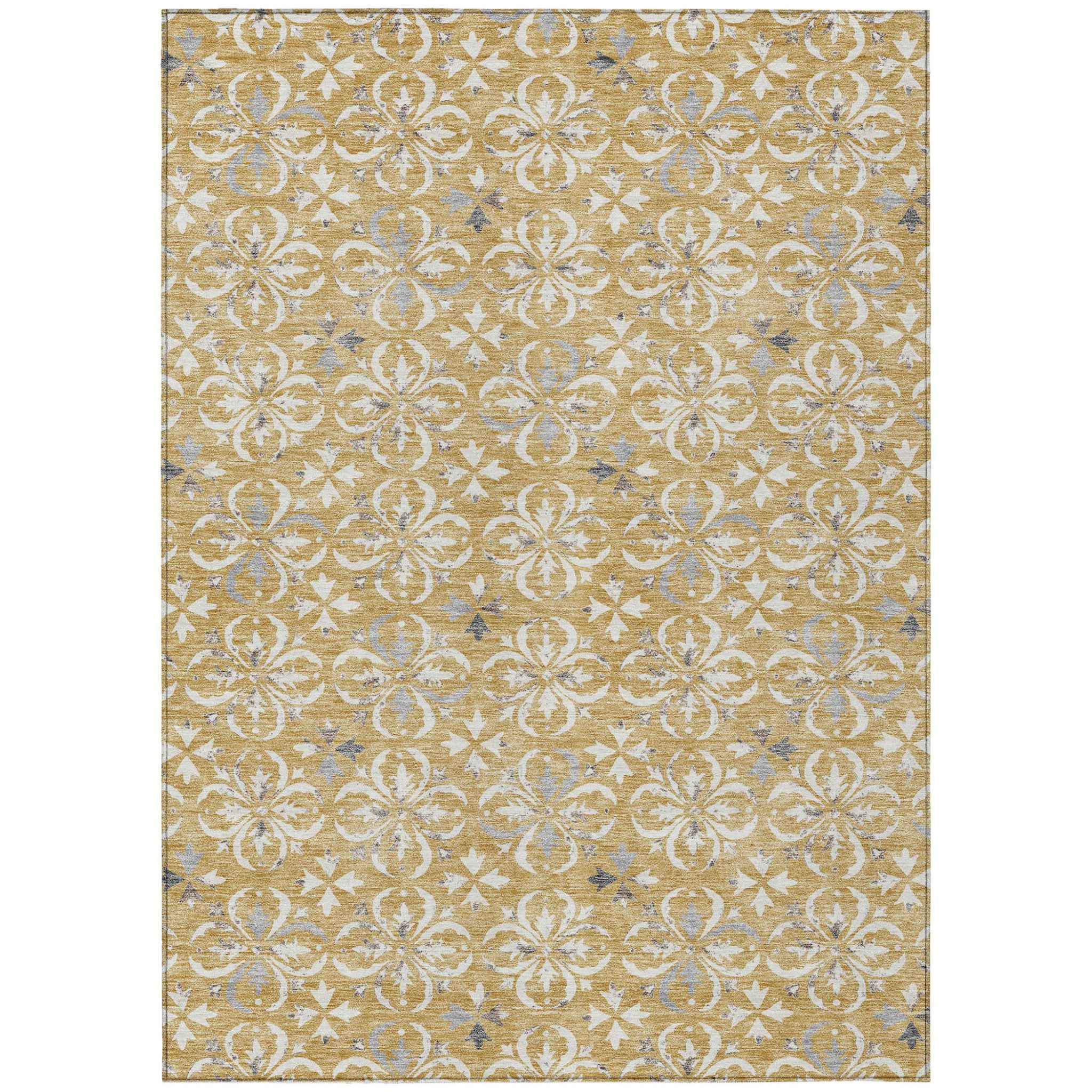 8' X 10' Gold Gray And Beige Floral Washable Indoor Outdoor Area Rug