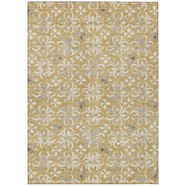 8' X 10' Gold Gray And Beige Floral Washable Indoor Outdoor Area Rug