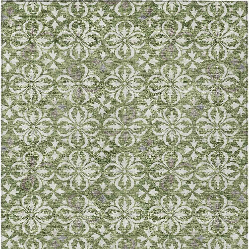 9' X 12' Green Gray And Ivory Floral Washable Indoor Outdoor Area Rug