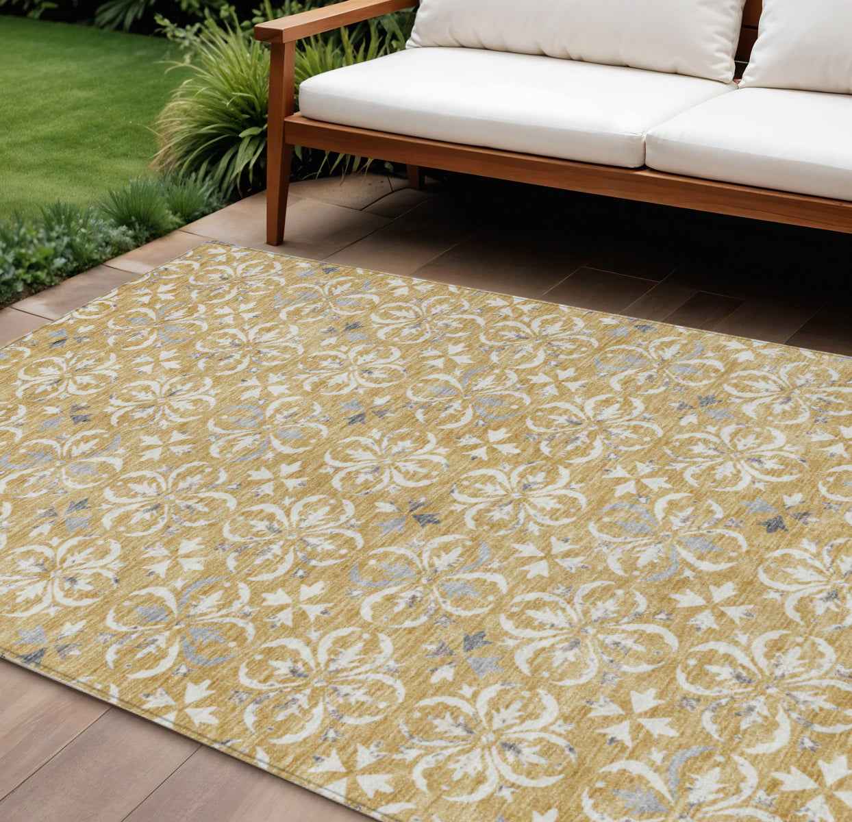 8' X 10' Gold Gray And Beige Floral Washable Indoor Outdoor Area Rug