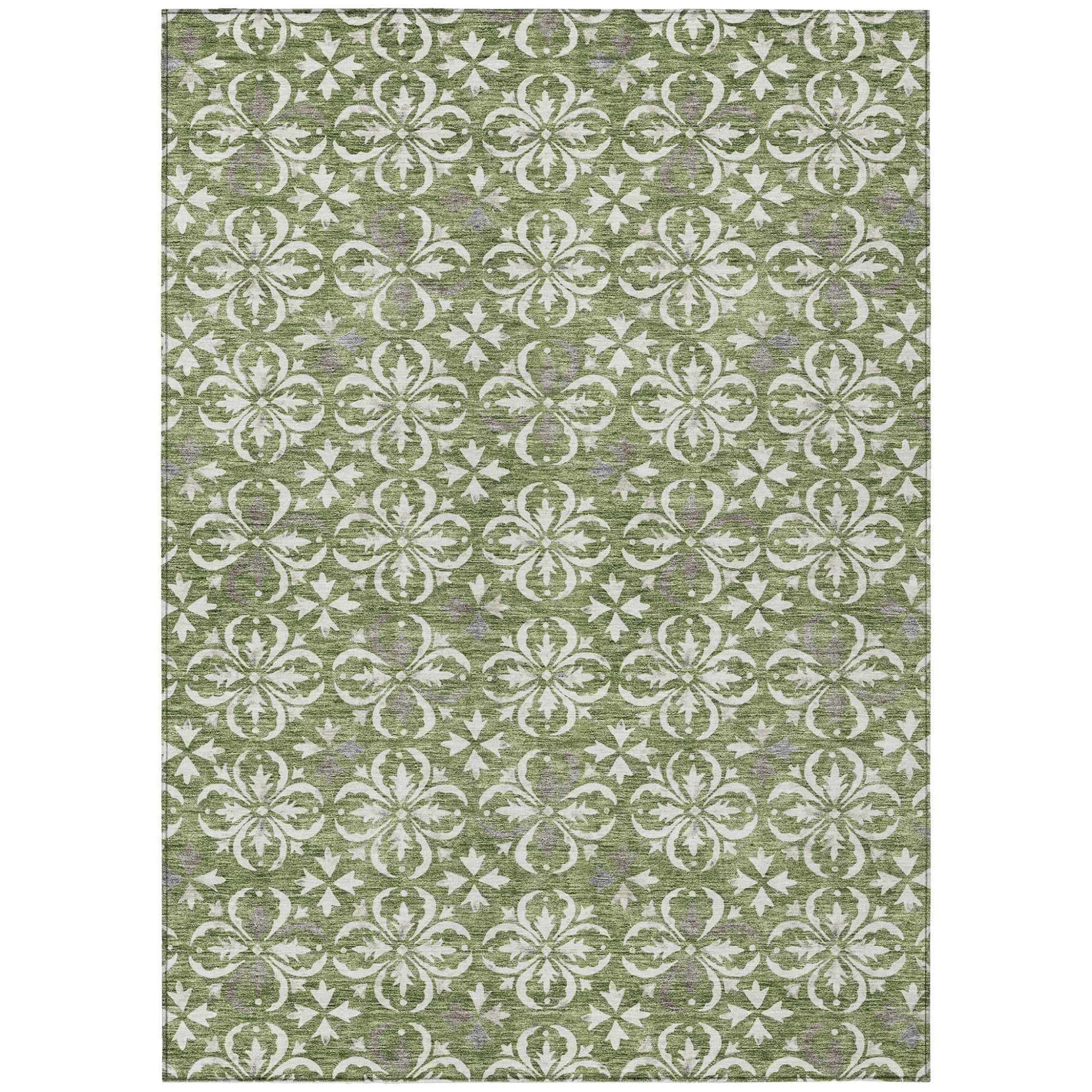 9' X 12' Green Gray And Ivory Floral Washable Indoor Outdoor Area Rug