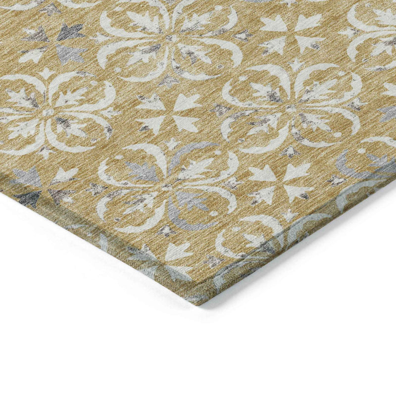8' X 10' Gold Gray And Beige Floral Washable Indoor Outdoor Area Rug