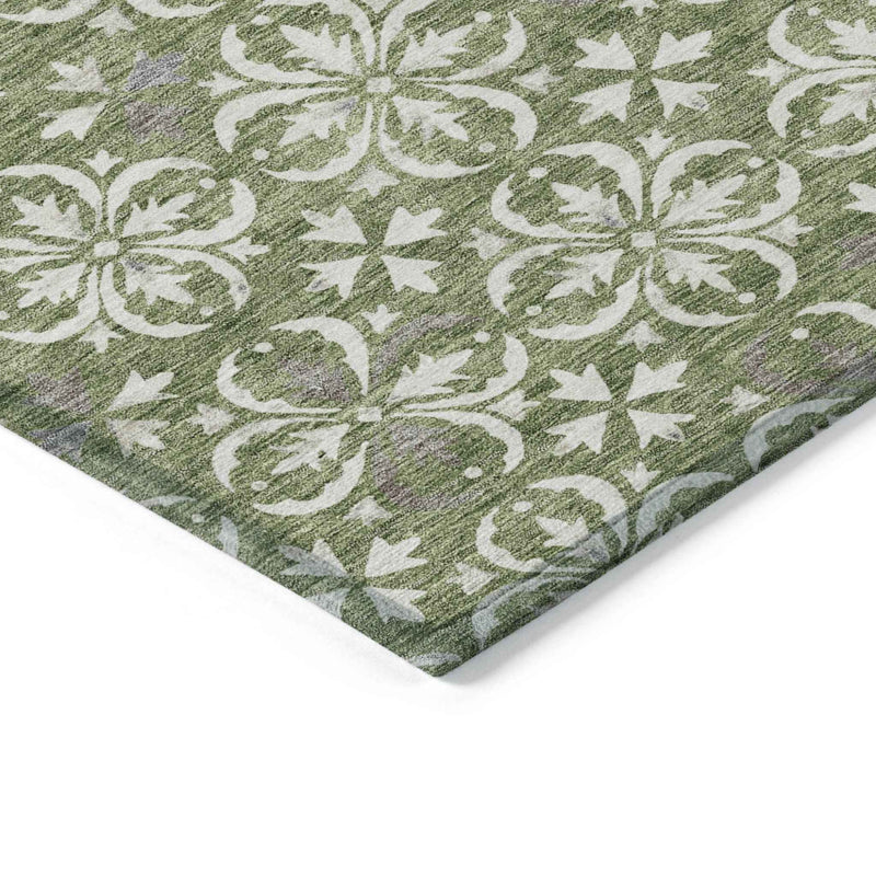 9' X 12' Green Gray And Ivory Floral Washable Indoor Outdoor Area Rug