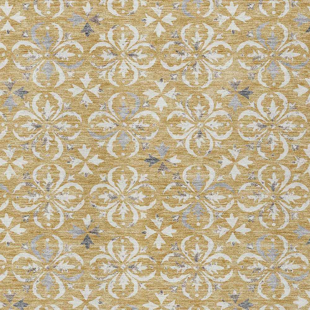 8' X 10' Gold Gray And Beige Floral Washable Indoor Outdoor Area Rug