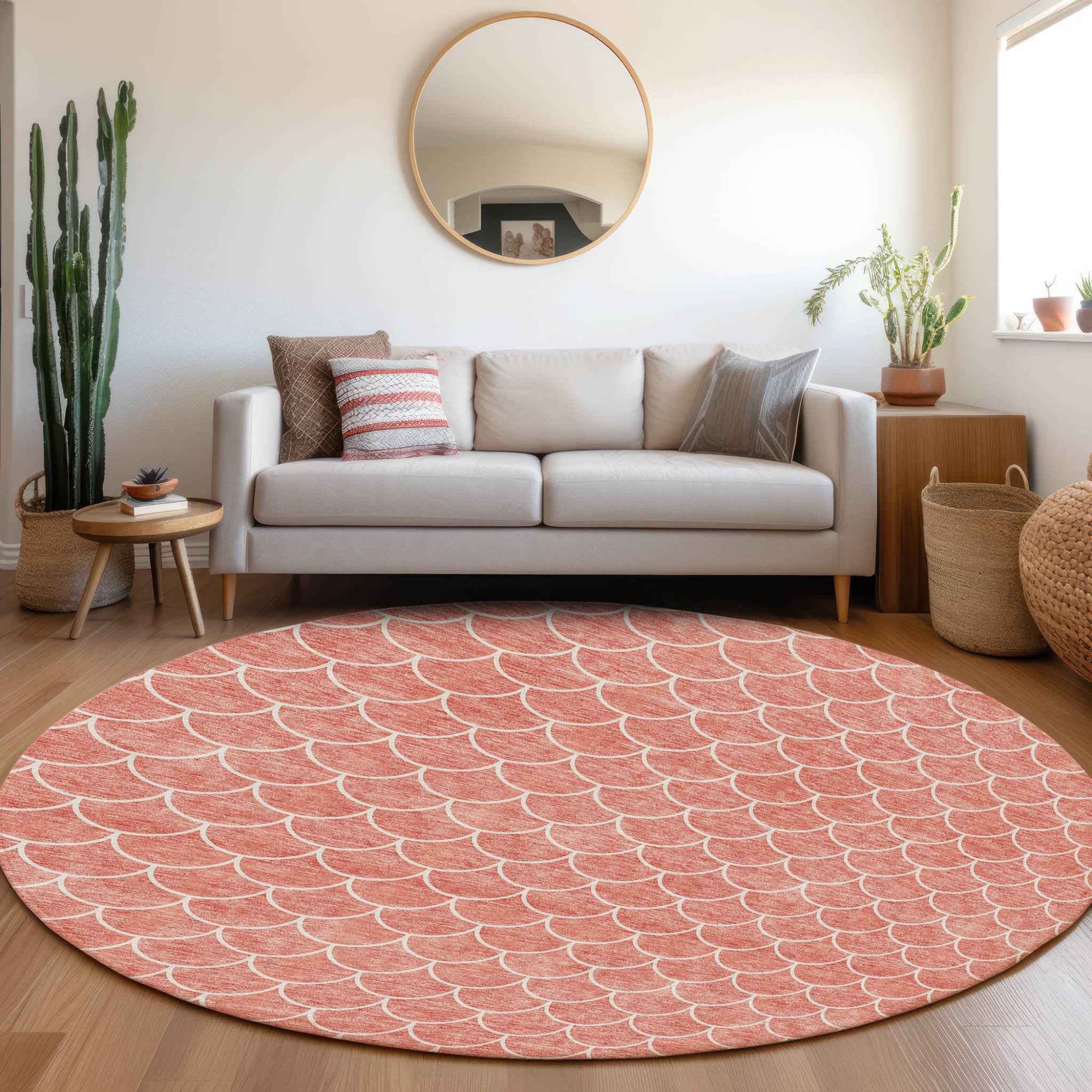8' Salmon And Ivory Round Geometric Washable Indoor Outdoor Area Rug