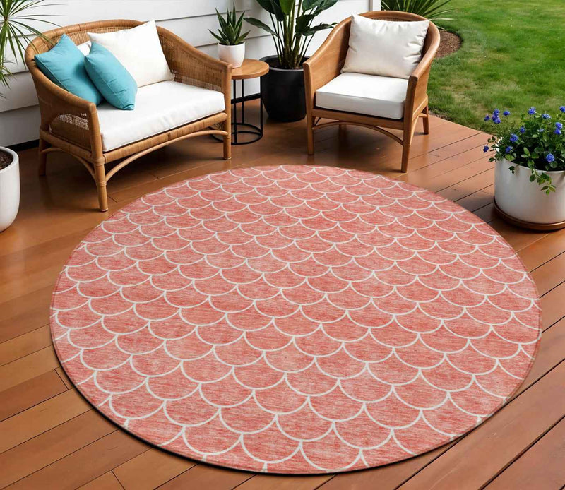 8' Salmon And Ivory Round Geometric Washable Indoor Outdoor Area Rug