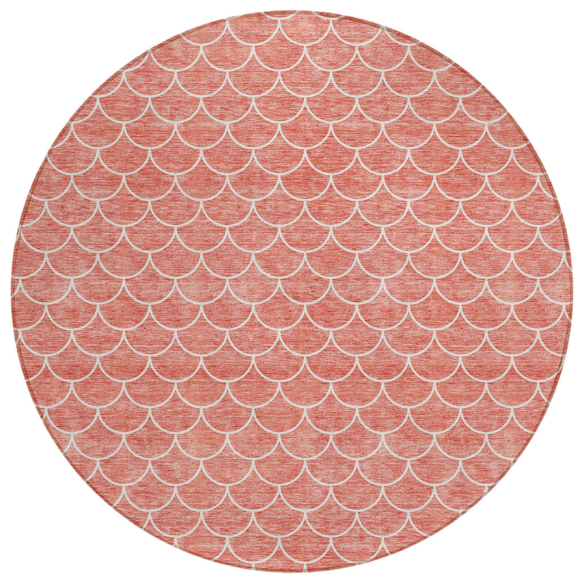 8' Salmon And Ivory Round Geometric Washable Indoor Outdoor Area Rug