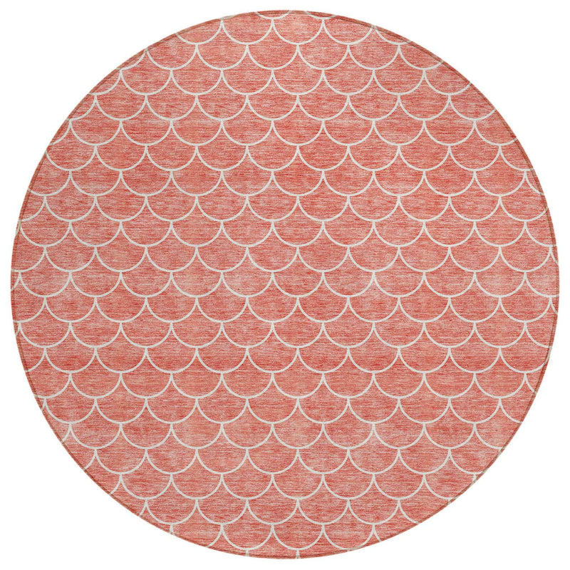 8' Salmon And Ivory Round Geometric Washable Indoor Outdoor Area Rug
