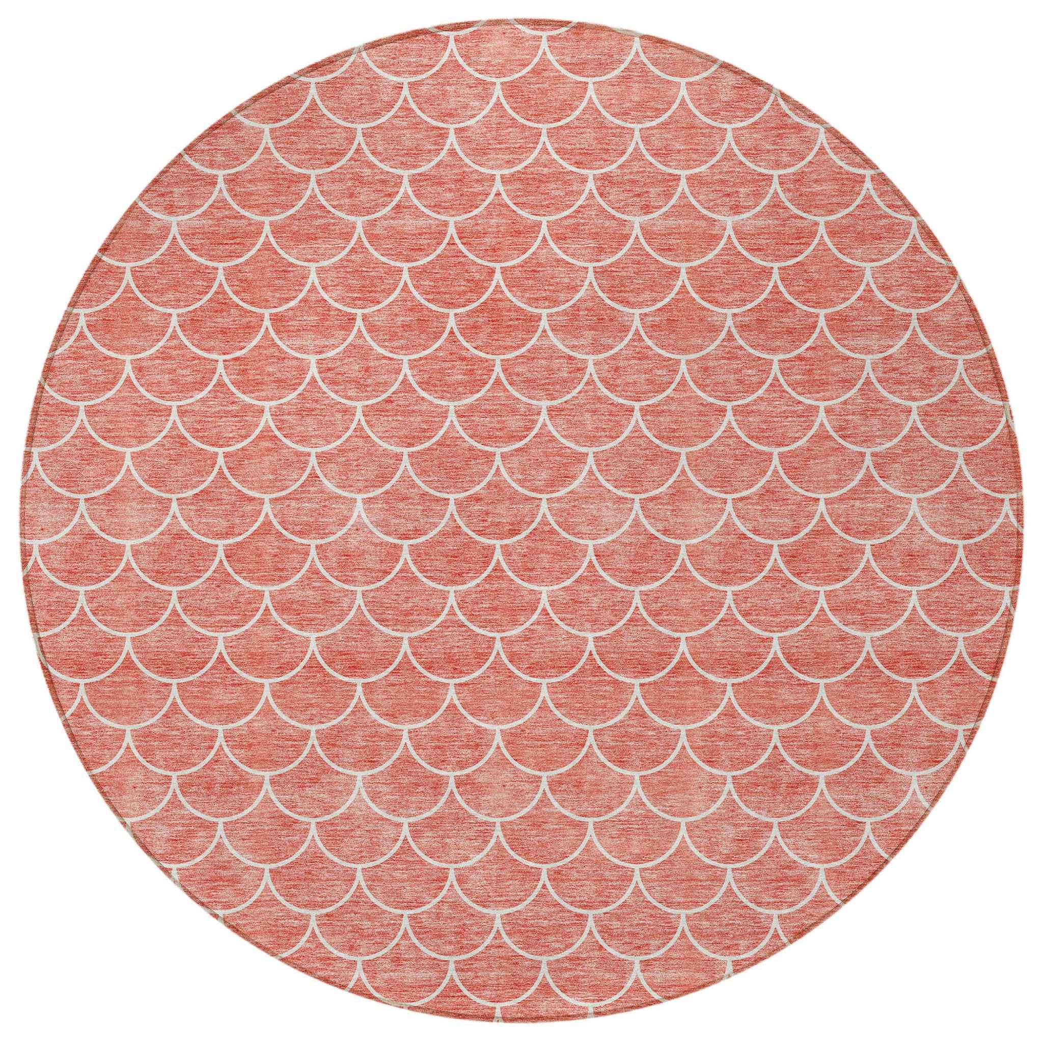 8' Salmon And Ivory Round Geometric Washable Indoor Outdoor Area Rug