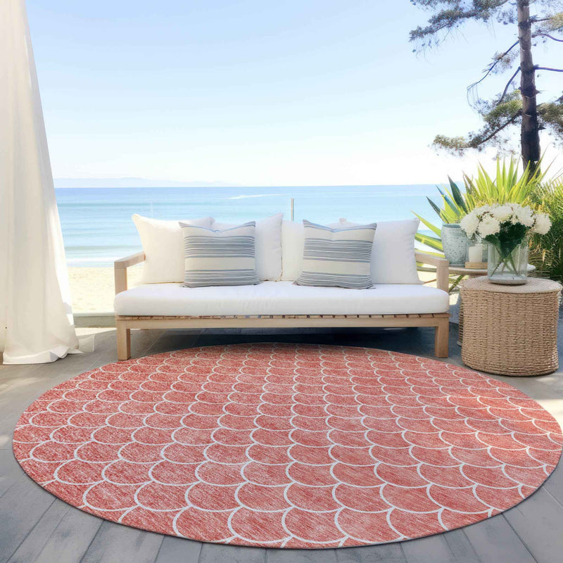 8' Salmon And Ivory Round Geometric Washable Indoor Outdoor Area Rug