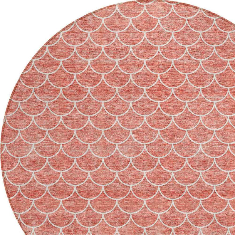 8' Salmon And Ivory Round Geometric Washable Indoor Outdoor Area Rug