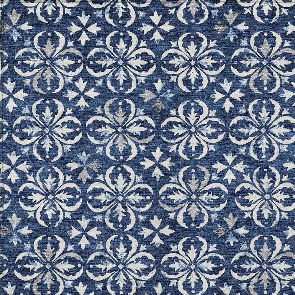 8' X 10' Navy Blue And Ivory Floral Washable Indoor Outdoor Area Rug