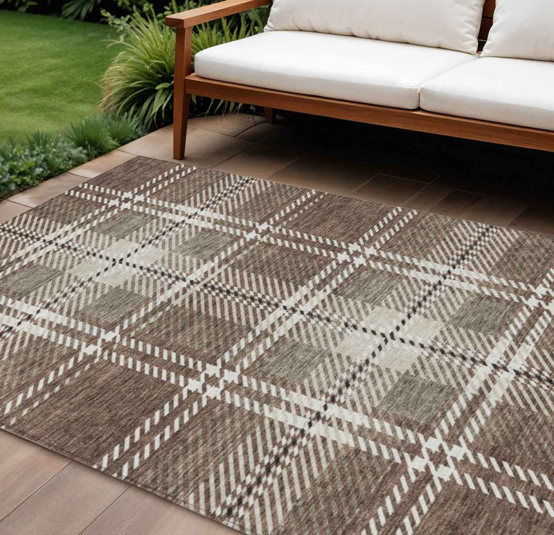 10' X 14' Brown Black And Ivory Plaid Washable Indoor Outdoor Area Rug