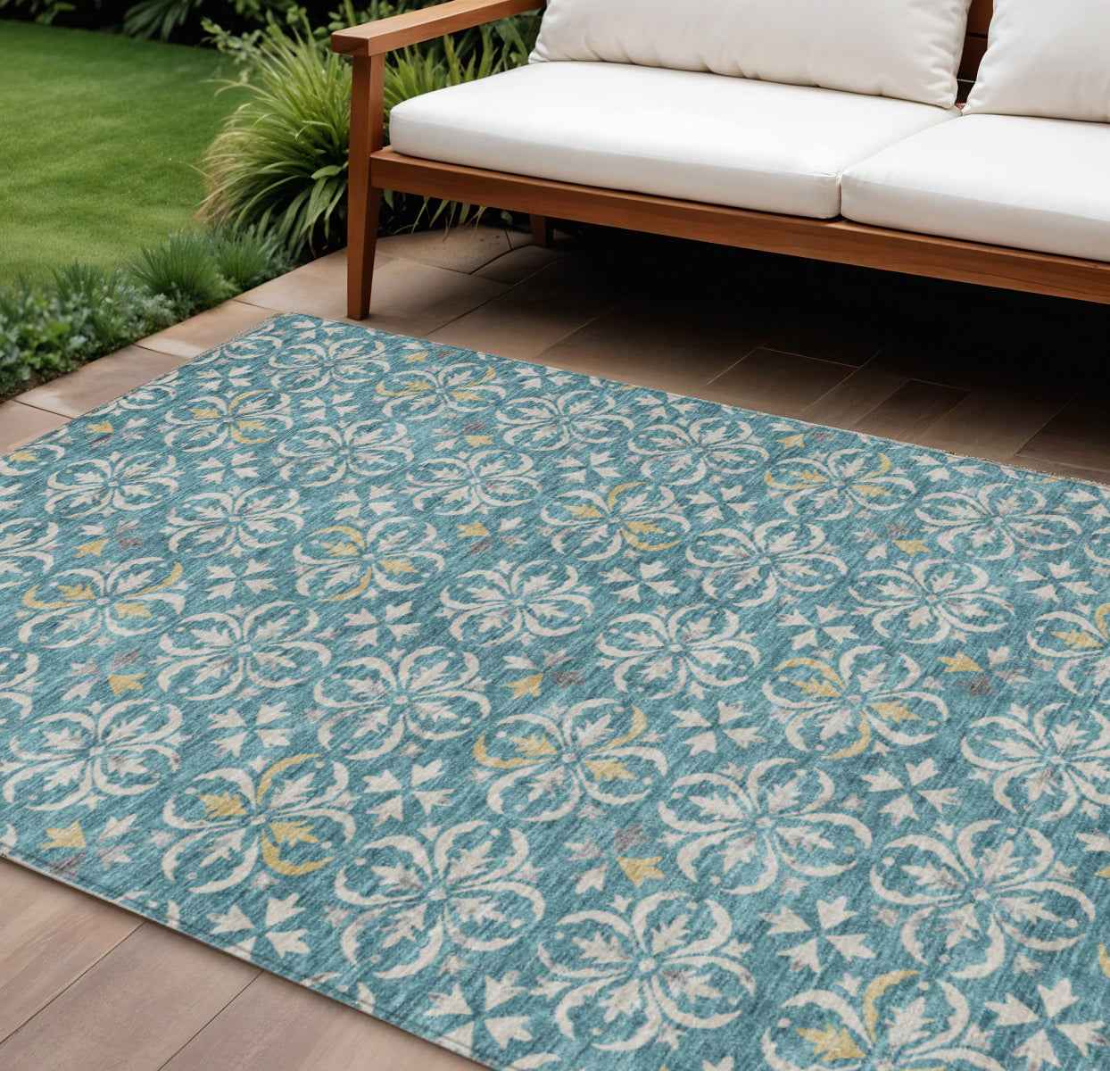 10' X 14' Teal Blue Gray And Gold Floral Washable Indoor Outdoor Area Rug