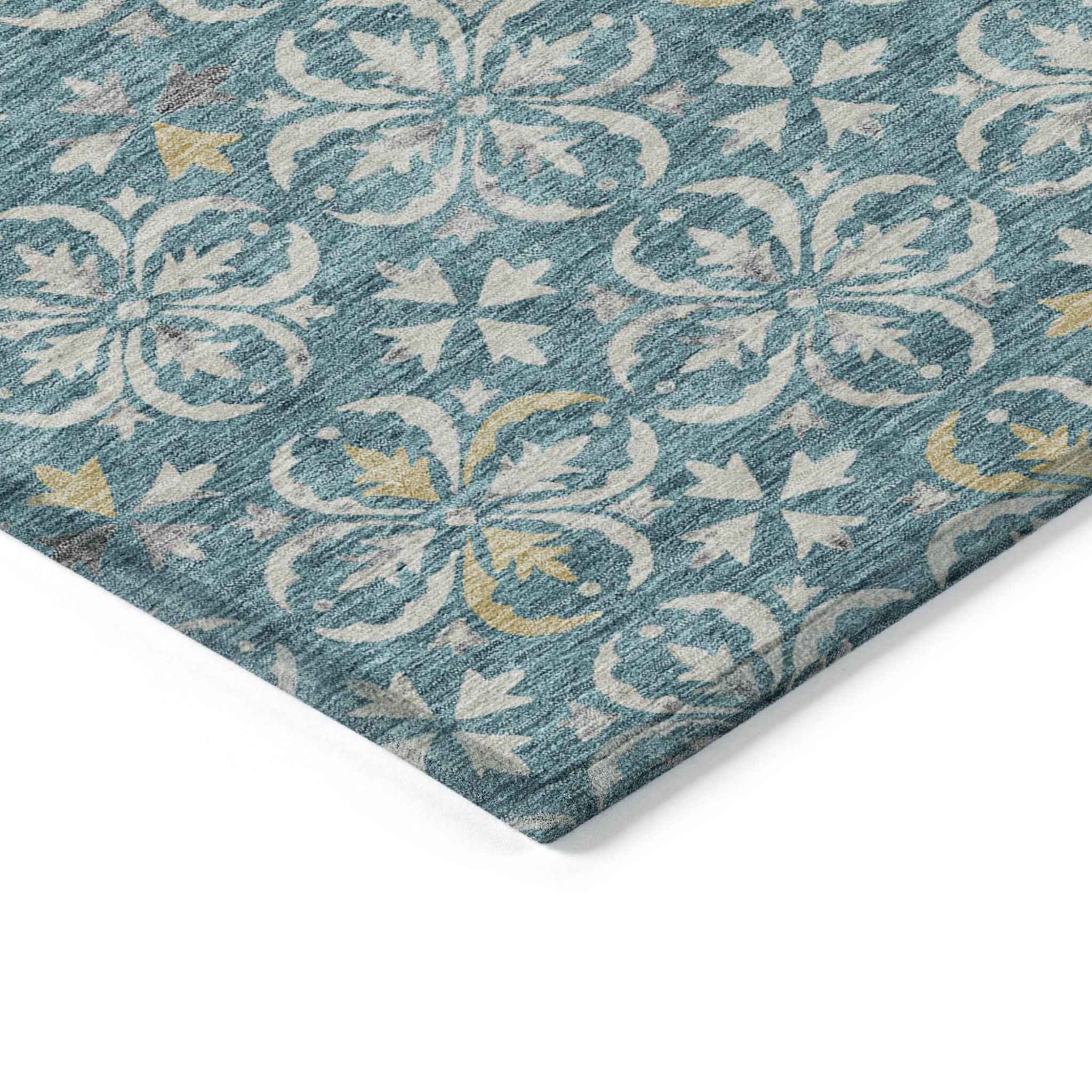 10' X 14' Teal Blue Gray And Gold Floral Washable Indoor Outdoor Area Rug