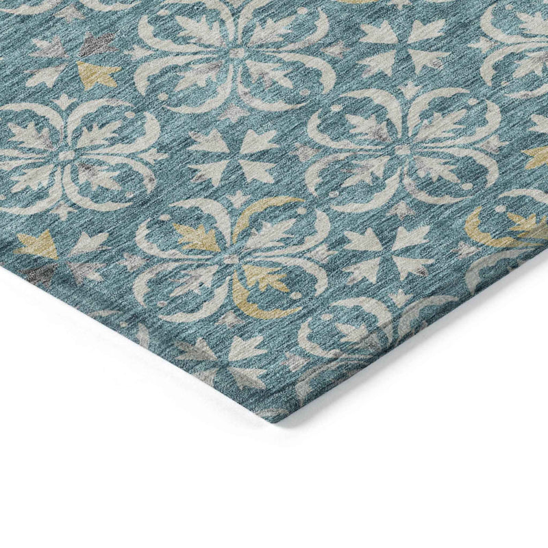 10' X 14' Teal Blue Gray And Gold Floral Washable Indoor Outdoor Area Rug