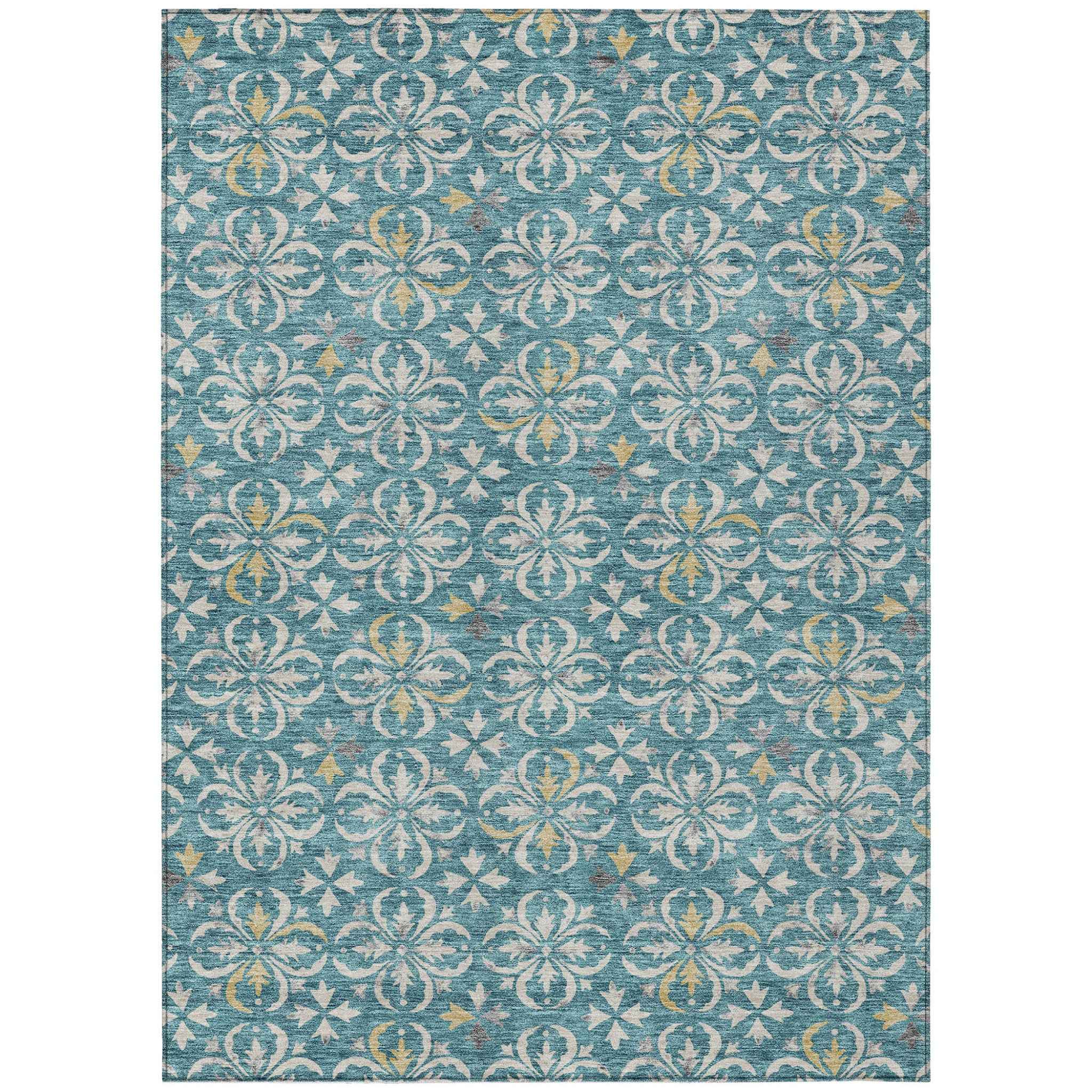 10' X 14' Teal Blue Gray And Gold Floral Washable Indoor Outdoor Area Rug