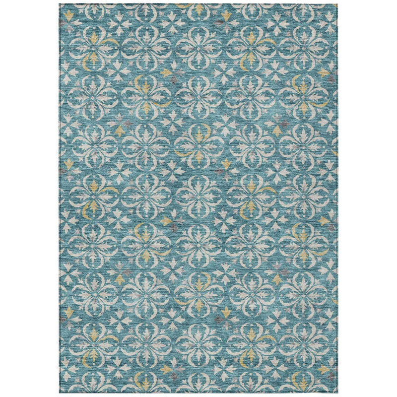 10' X 14' Teal Blue Gray And Gold Floral Washable Indoor Outdoor Area Rug