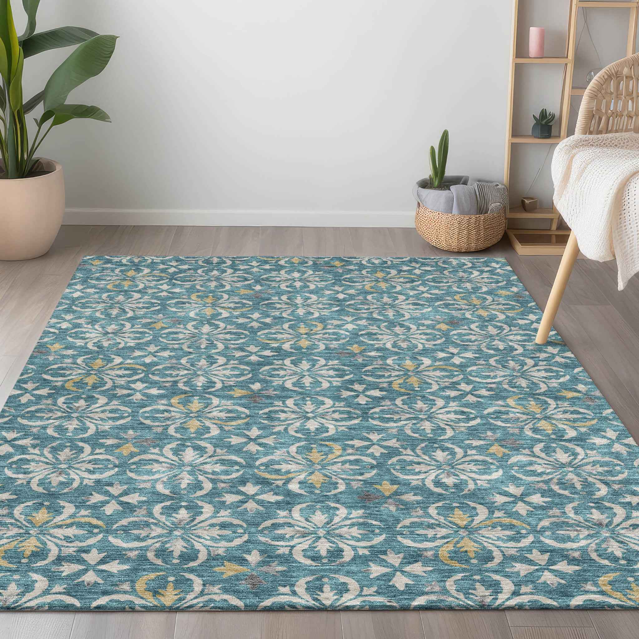10' X 14' Teal Blue Gray And Gold Floral Washable Indoor Outdoor Area Rug